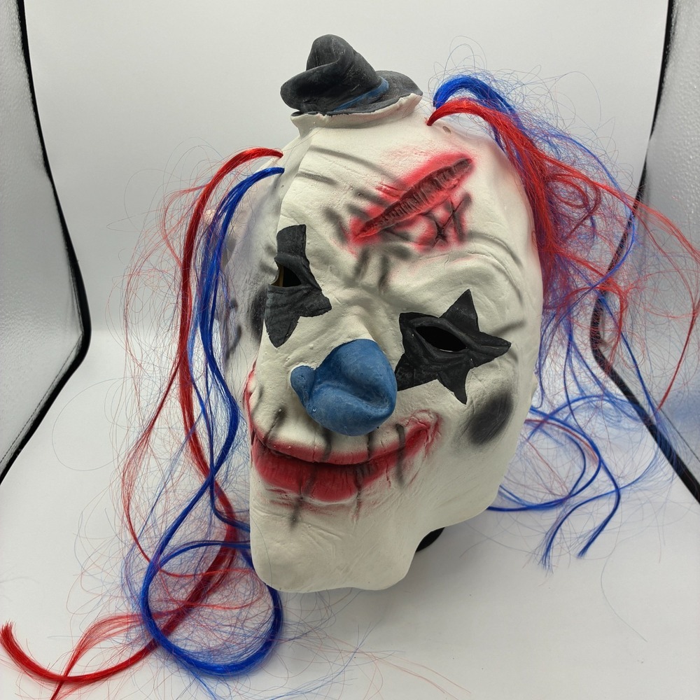 Vintage Evil Clown Halloween Mask Bowler Hat Red Blue Hair Rubber